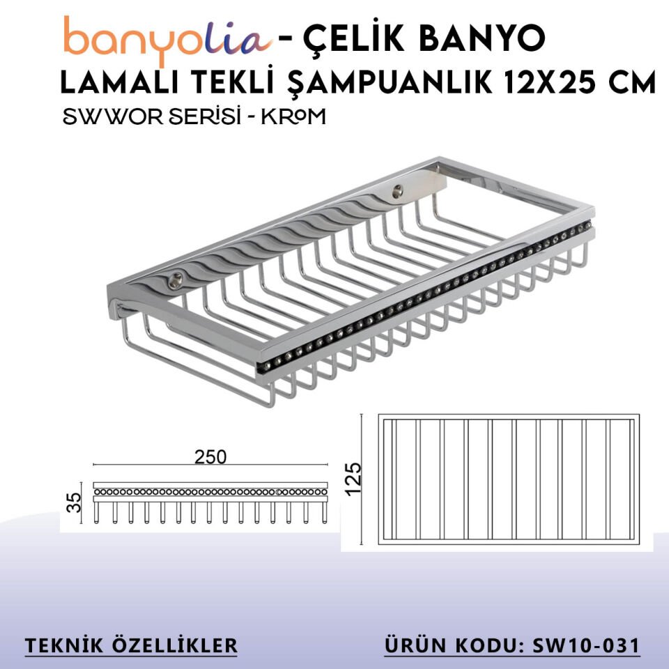 BANYOLİA - Çelik Banyo Swwor Lamalı Tekli Şampuanlık 12x25 cm (SW10-031)