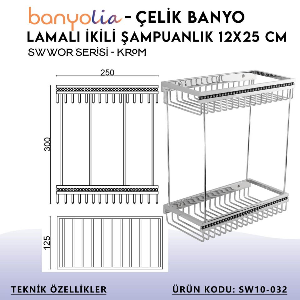 BANYOLİA - Çelik Banyo Swwor Lamalı İkili Şampuanlık 12x25 cm (SW10-032)