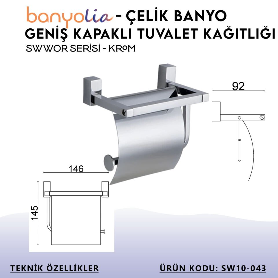 BANYOLİA - Çelik Banyo Swwor Geniş Kapaklı Tuvalet Kağıtlığı (SW10-043)
