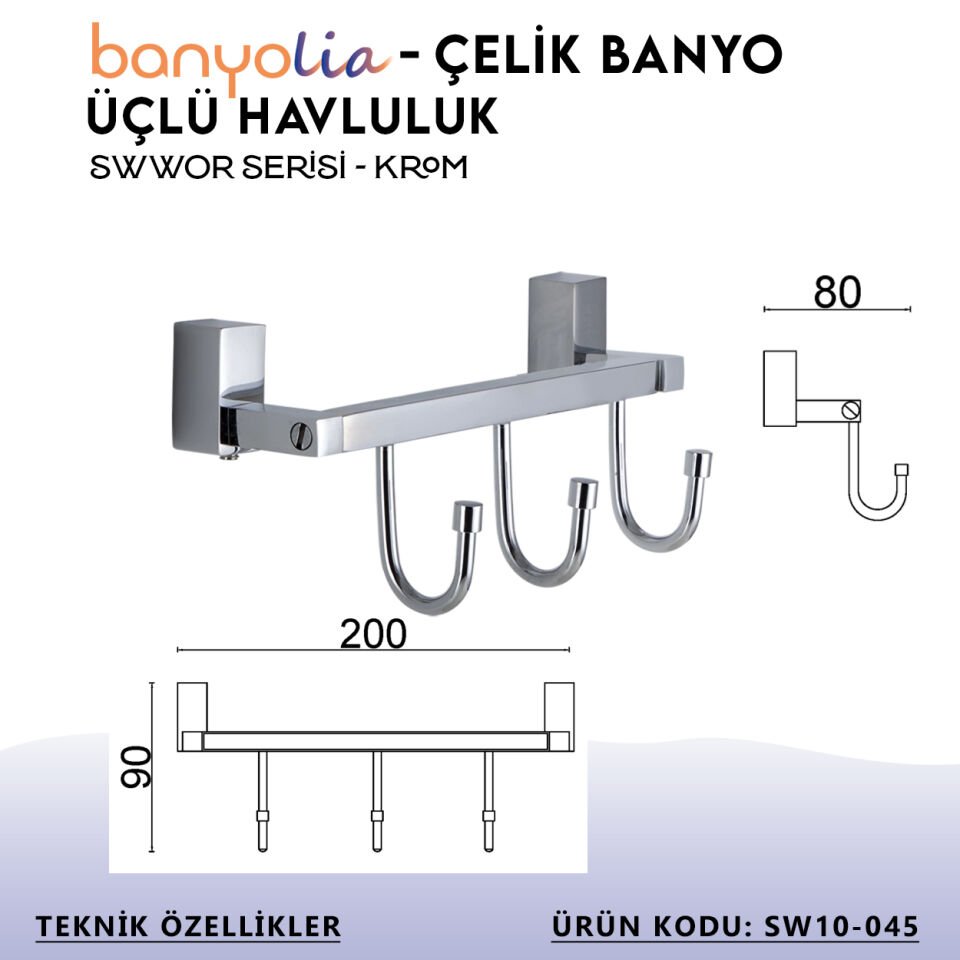 BANYOLİA - Çelik Banyo Swwor Üçlü Askılık (SW10-045)