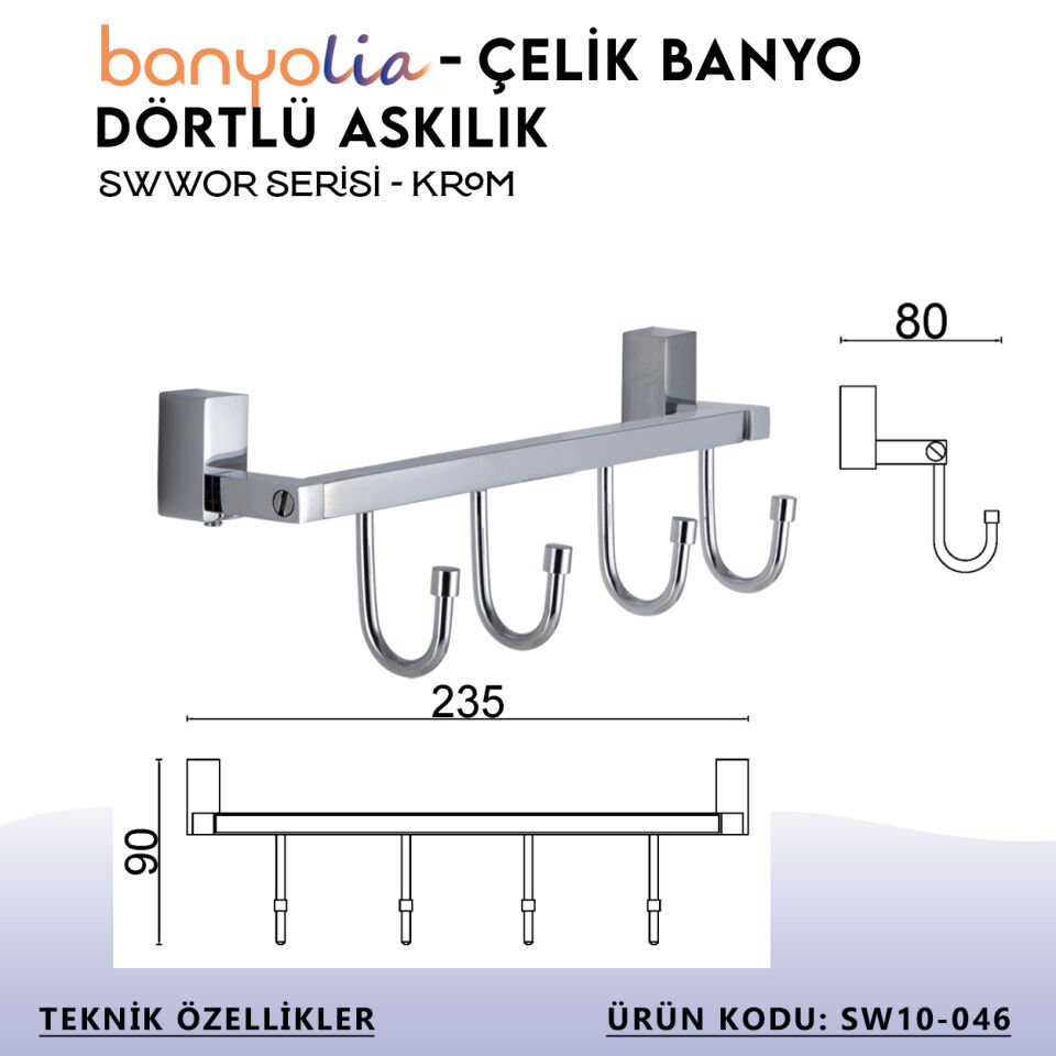 BANYOLİA - Çelik Banyo Swwor Dörtlü Askılık (SW10-046)