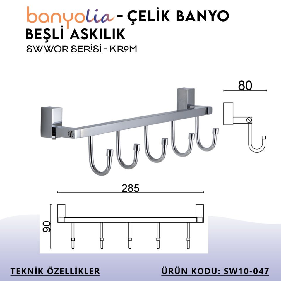 BANYOLİA - Çelik Banyo Swwor Beşli Askılık (SW10-047)