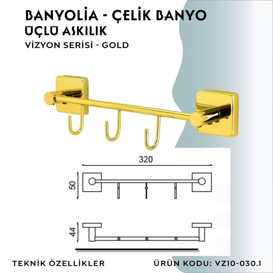 BANYOLİA - CLK Banyo Vizyon Gold Üçlü Askılık (VZ10-030.1)