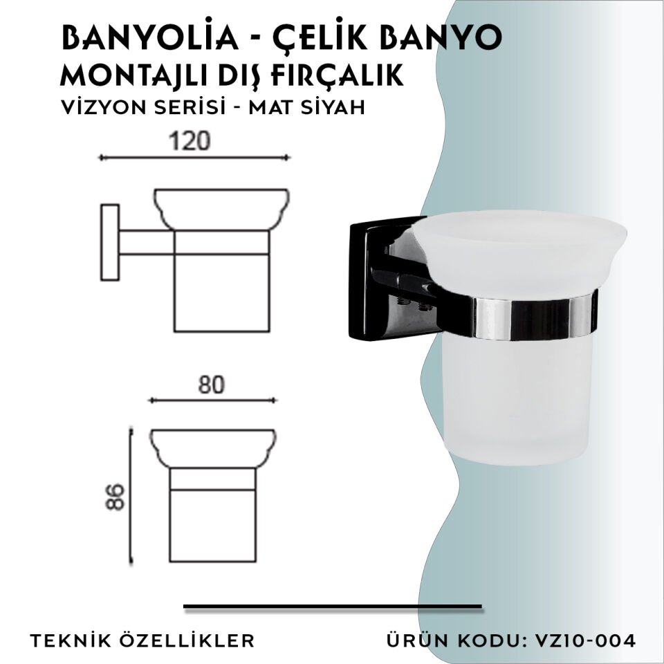 BANYOLİA - CLK Banyo Vizyon Mat Siyah Montajlı Diş Fırçalık (VZ10-004.4)
