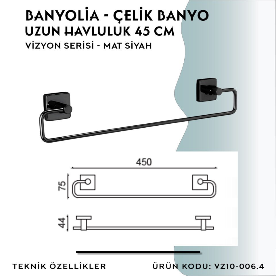 BANYOLİA - CLK Banyo Vizyon Mat Siyah Uzun Havluluk 45cm (VZ10-006.4)