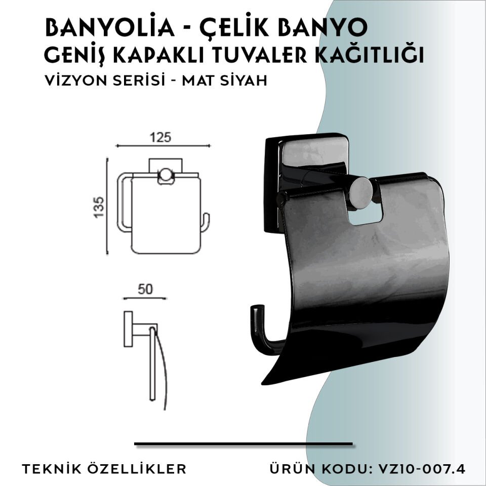 BANYOLİA - CLK Banyo Vizyon Mat Siyah Geniş Kapaklı Tuvalet Kâğıtlığı (VZ10-007.4)