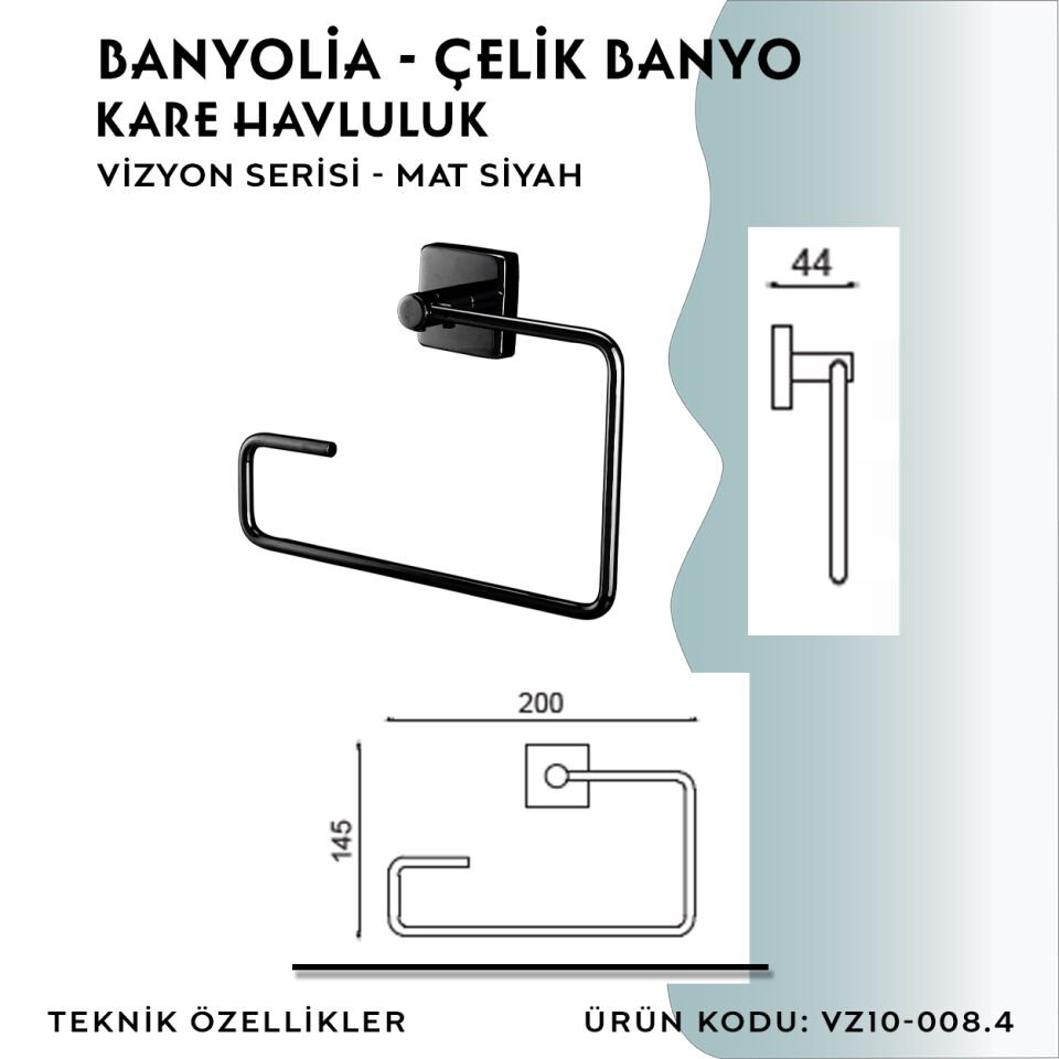 BANYOLİA - CLK Banyo Vizyon Mat Siyah Kare Havluluk (VZ10-008.4)