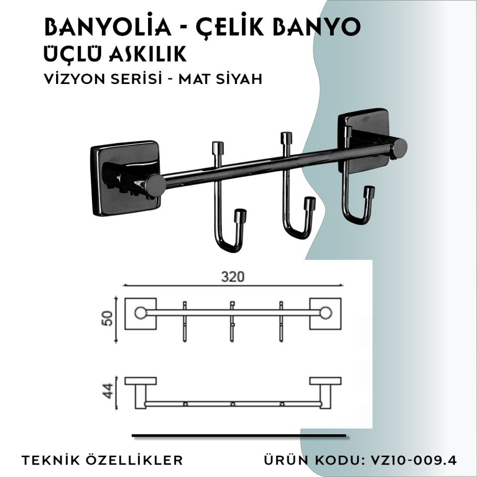 BANYOLİA - CLK Banyo Vizyon Mat Siyah Üçlü Askılık (VZ10-009.4)
