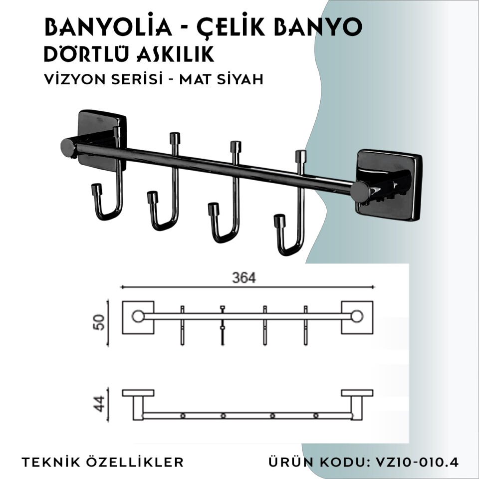 BANYOLİA - CLK Banyo Vizyon Mat Siyah Dörtlü Askılık (VZ10-010.4)