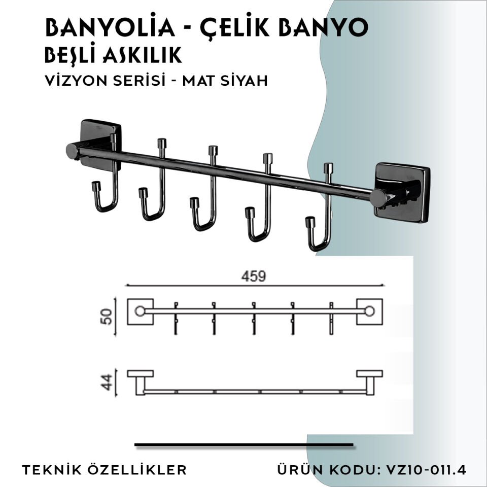 BANYOLİA - CLK Banyo Vizyon Mat Siyah Beşli Askılık (VZ10-011.4)
