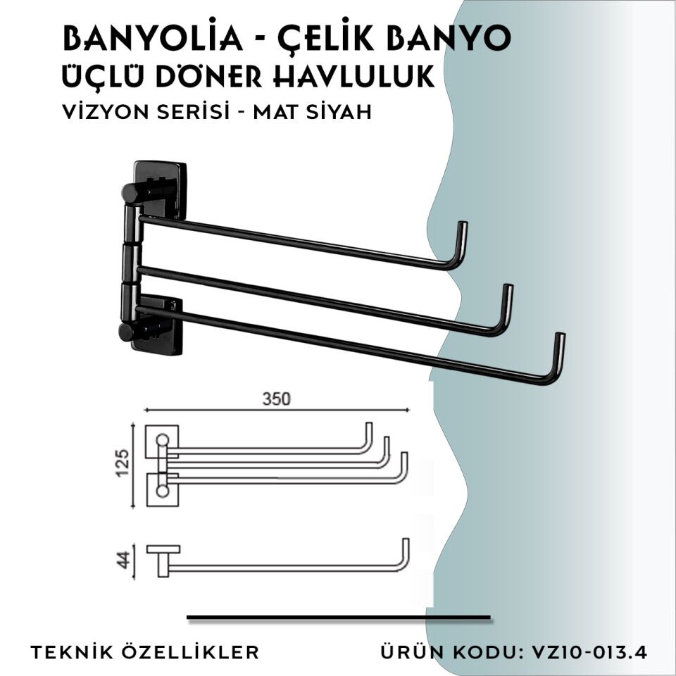 BANYOLİA - CLK Banyo Vizyon Mat Siyah Üçlü Döner Havluluk (VZ10-013.4)