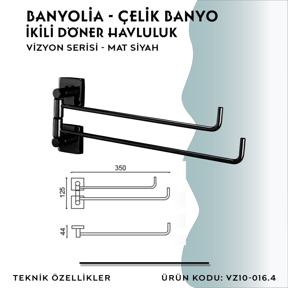 BANYOLİA - CLK Banyo Vizyon Mat Siyah İkili Döner Havluluk (VZ10-016.4)