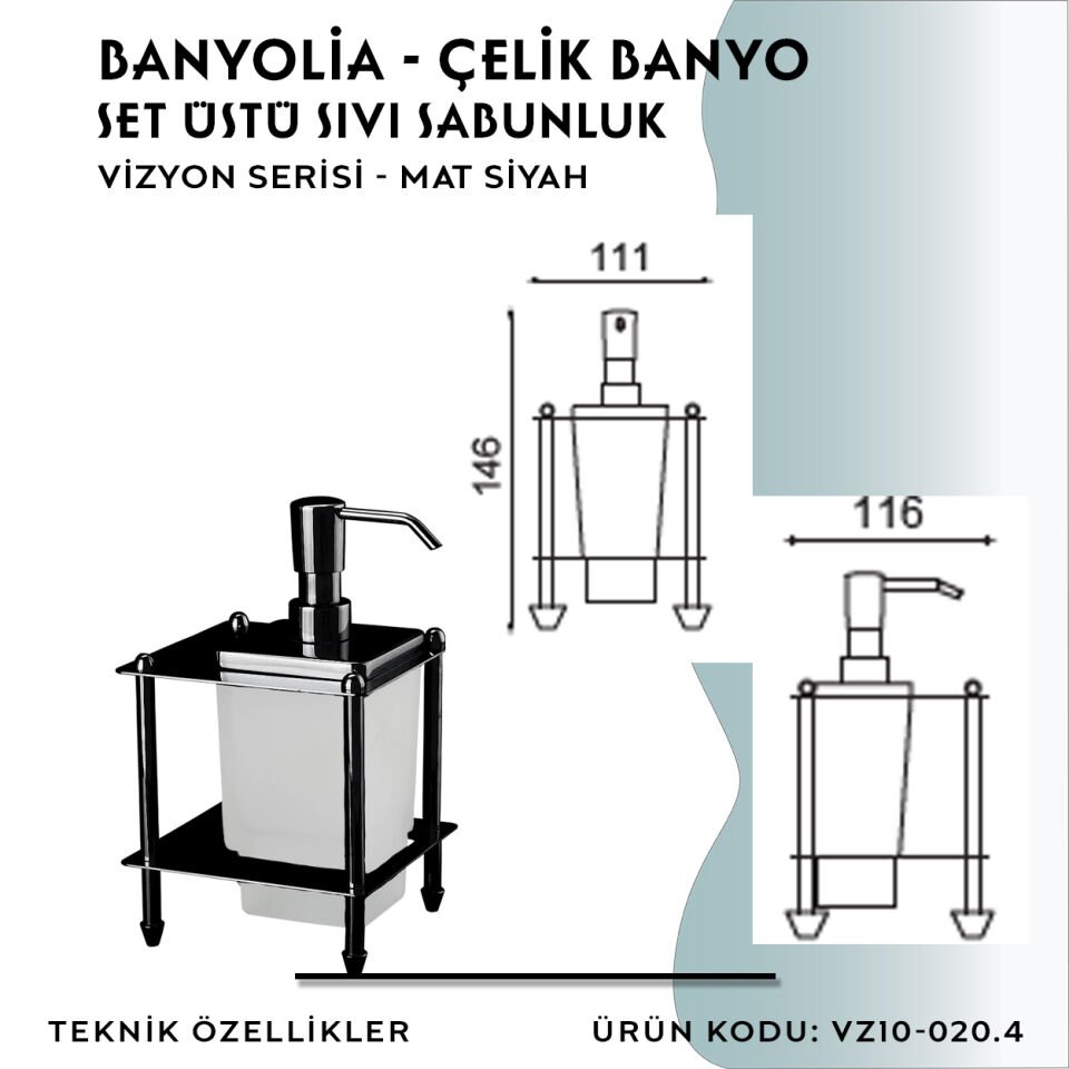 BANYOLİA - CLK Banyo Vizyon Mat Siyah Set Üstü Sıvı Sabunluk (VZ10-020.4)