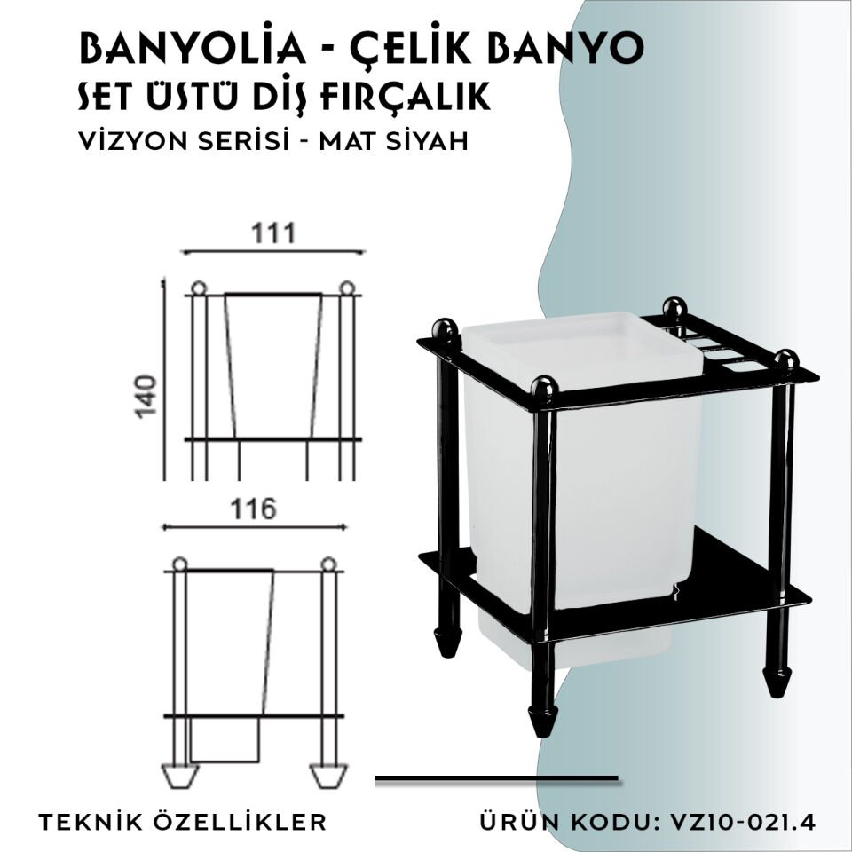 BANYOLİA - CLK Banyo Vizyon Mat Siyah Set Üstü Diş Fırçalık (VZ10-021.4)