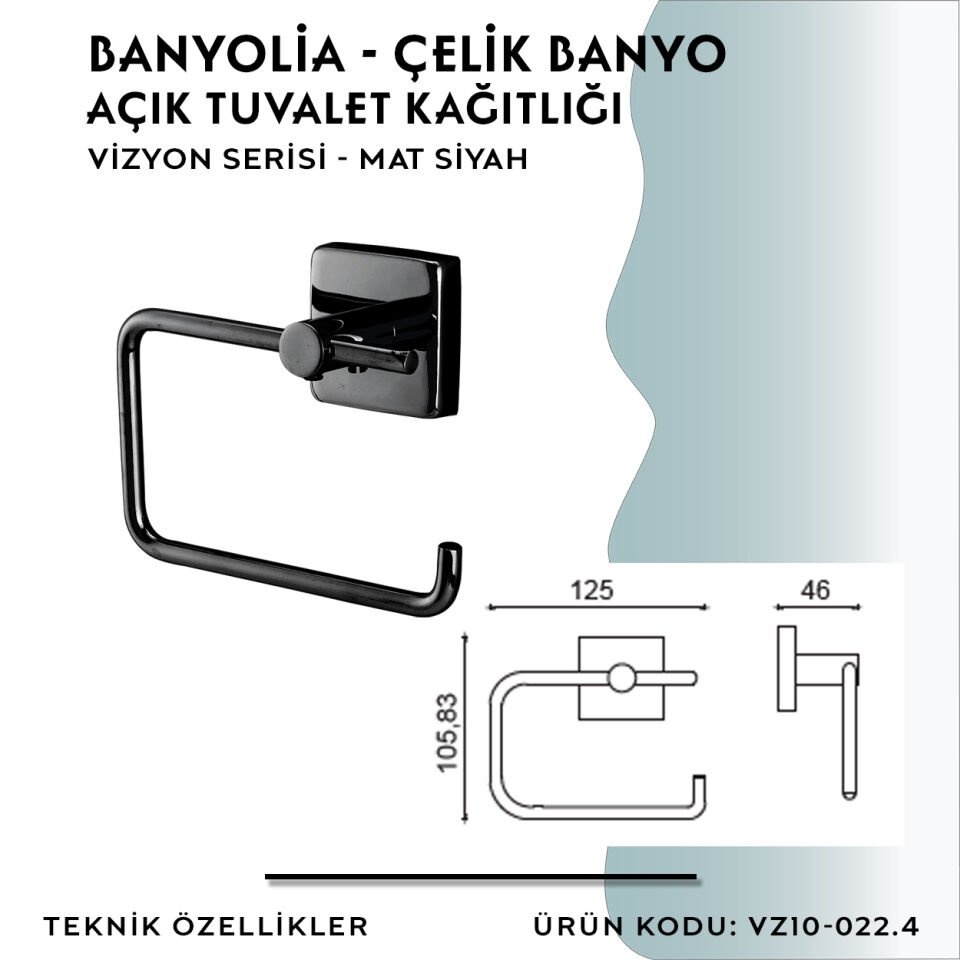 BANYOLİA - CLK Banyo Vizyon Mat Siyah Açık Tuvalet Kâğıtlığı (VZ10-022.4)