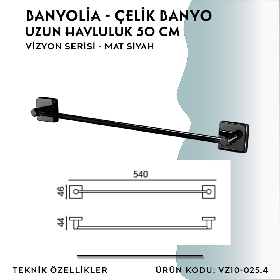 BANYOLİA - CLK Banyo Vizyon Mat Siyah Uzun Havluluk 50cm (VZ10-025.4)