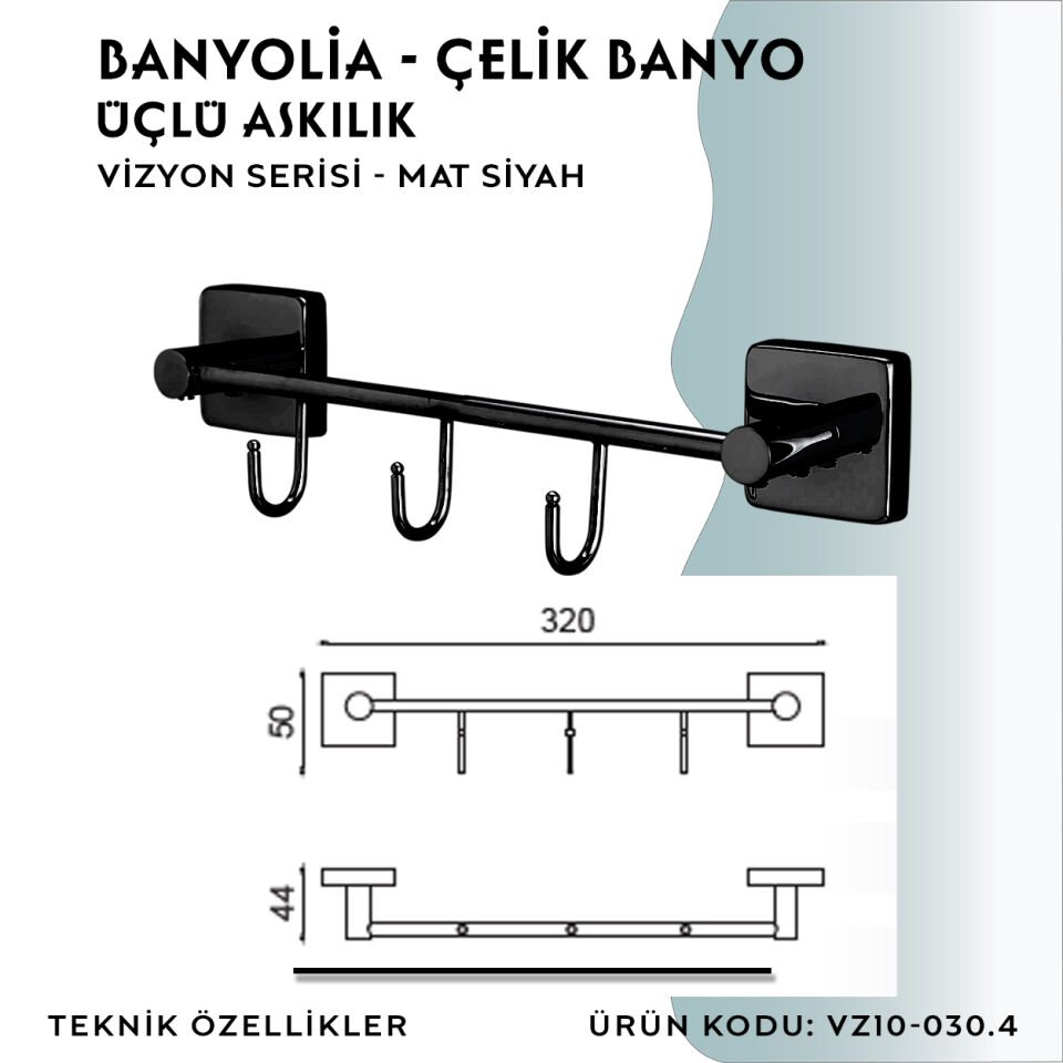 BANYOLİA - CLK Banyo Vizyon Mat Siyah Üçlü Askılık (VZ10-030.4)