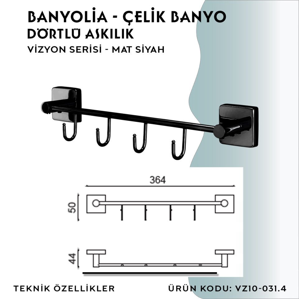 BANYOLİA - CLK Banyo Vizyon Mat Siyah Dörtlü Askılık (VZ10-031.4)