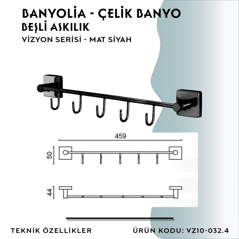 BANYOLİA - CLK Banyo Vizyon Mat Siyah Beşli Askılık (VZ10-032.4)