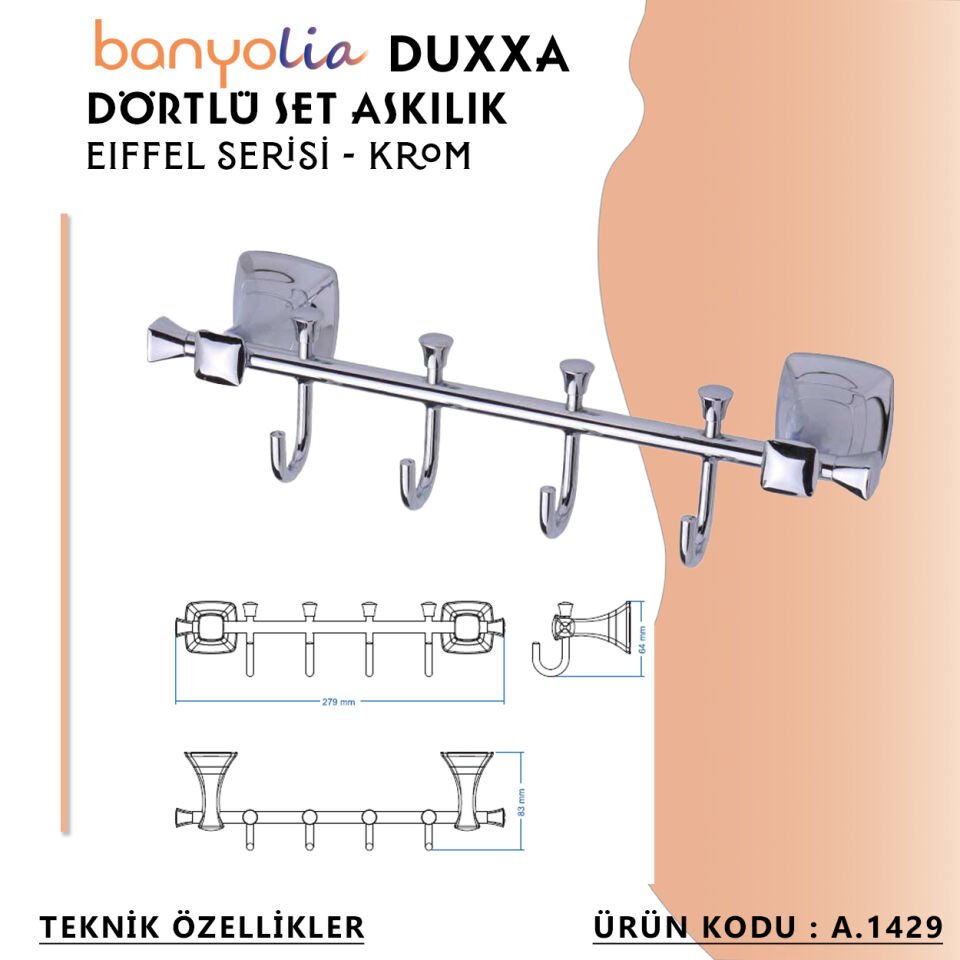 BANYOLİA - Duxxa Eiffel Beşli Set Askılık Krom (A.1429)