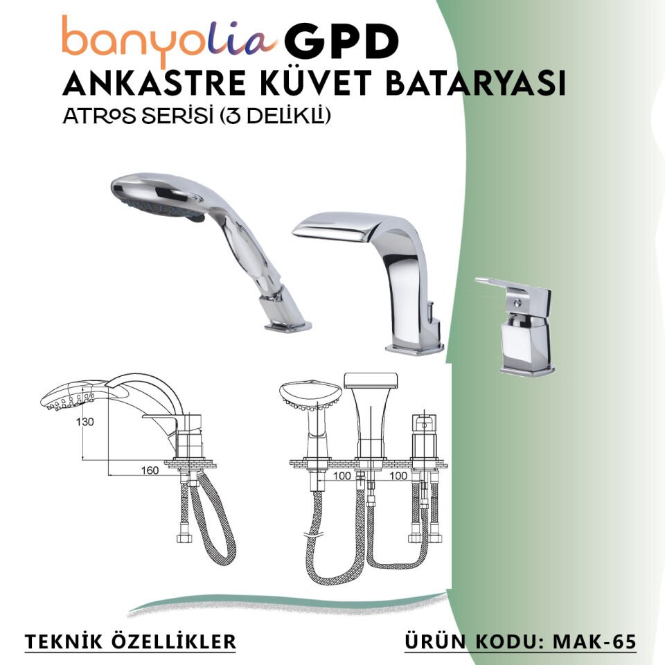 BANYOLİA - GPD Atros Ankastre Küvet Bataryası (3 Delikli)  (MAK65)
