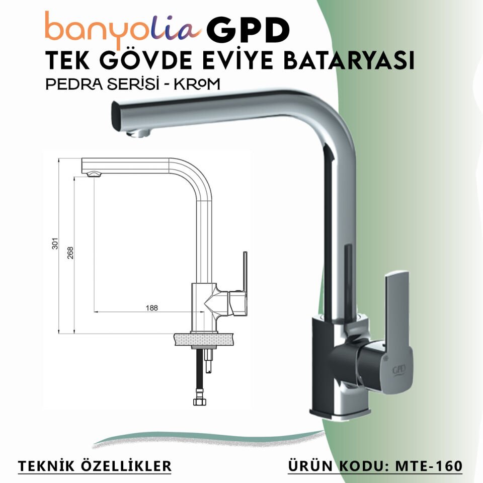 BANYOLİA - GPD Pedra Tek Gövde Eviye Bataryası  (MTE160)