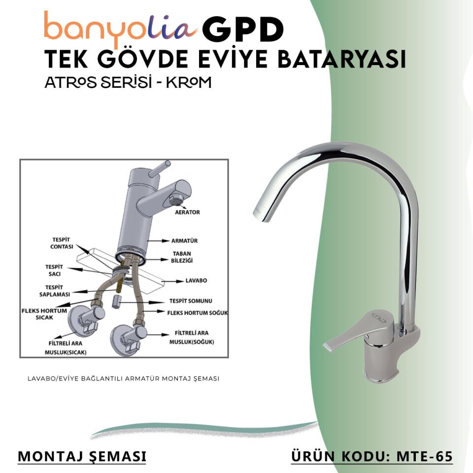 BANYOLİA - GPD Atros Tek Gövde Eviye Bataryası  (MTE65)