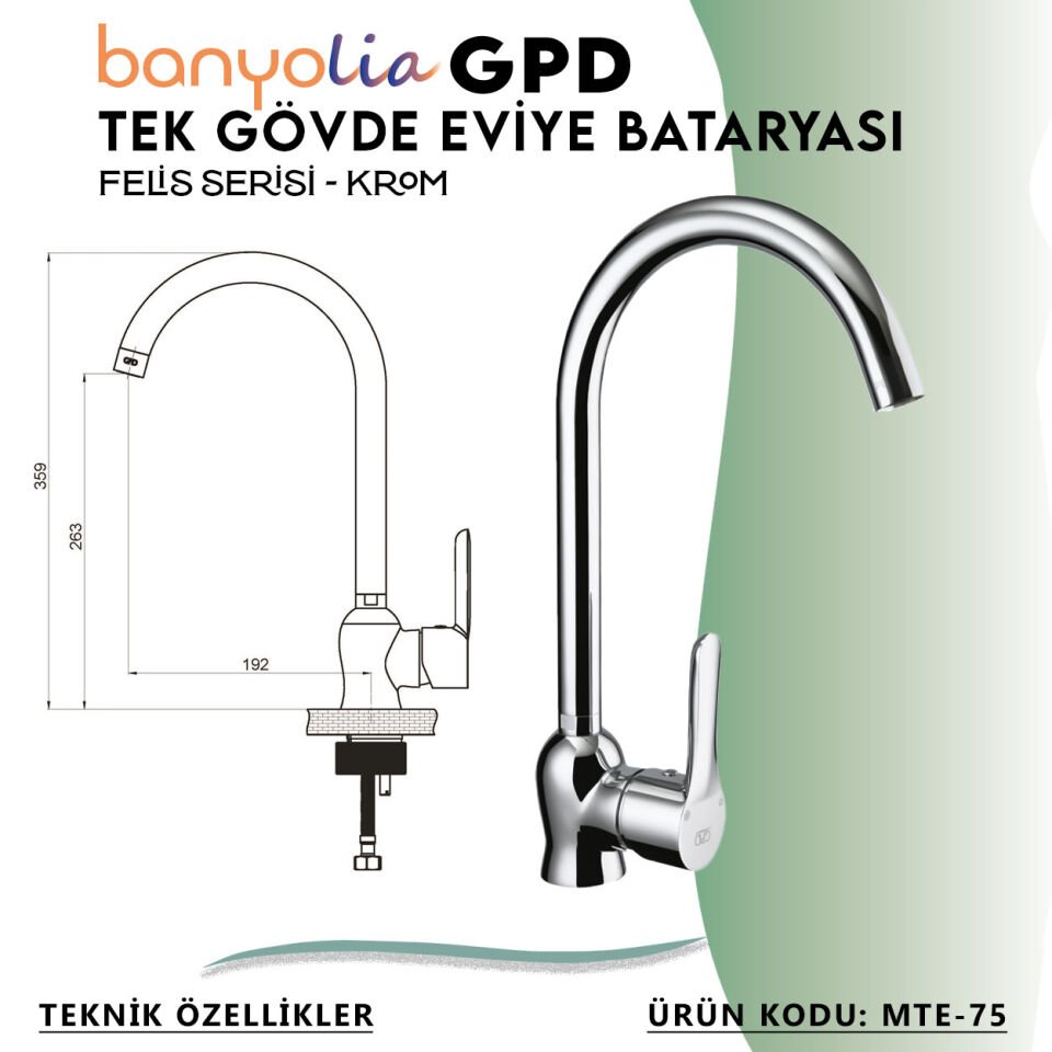 BANYOLİA - GPD Felis Tek Gövde Eviye Bataryası  (MTE75)