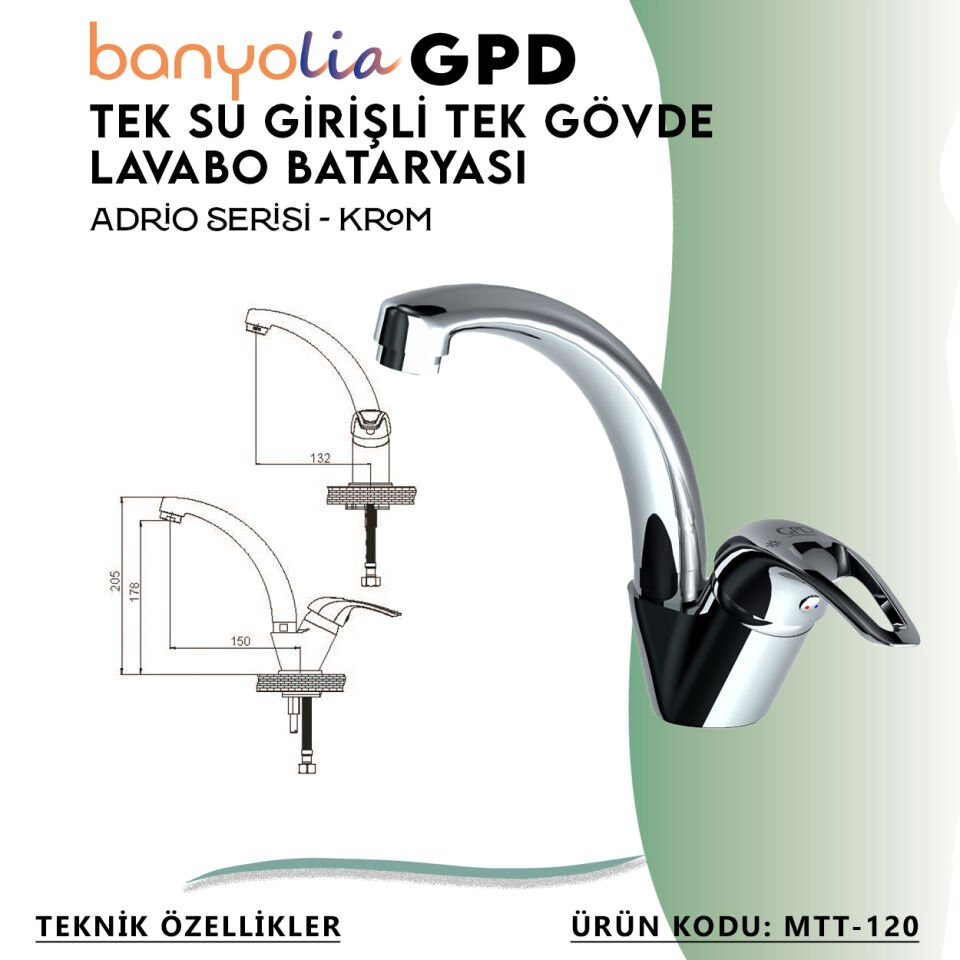 BANYOLİA - GPD Adrio Tek Su Girişli Tek Gövde Lavabo Bataryası  (MTT120)