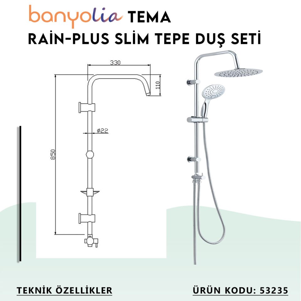 BANYOLİA - TEMA Rain-Plus Slim Tepe Duş Seti (53235)