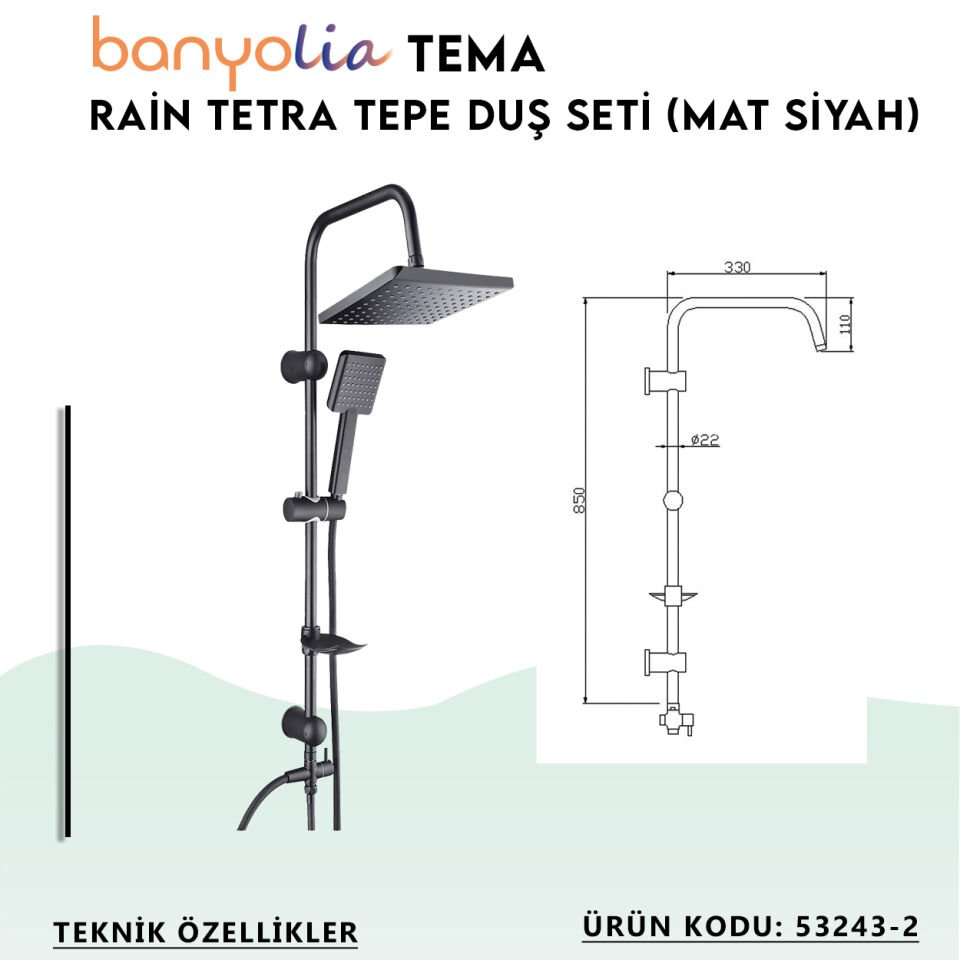 BANYOLİA - TEMA Rain Tetra Mat Siyah Sürgülü Duş Seti (53243-2M)