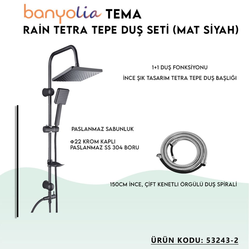 BANYOLİA - TEMA Rain Tetra Mat Siyah Sürgülü Duş Seti (53243-2M)