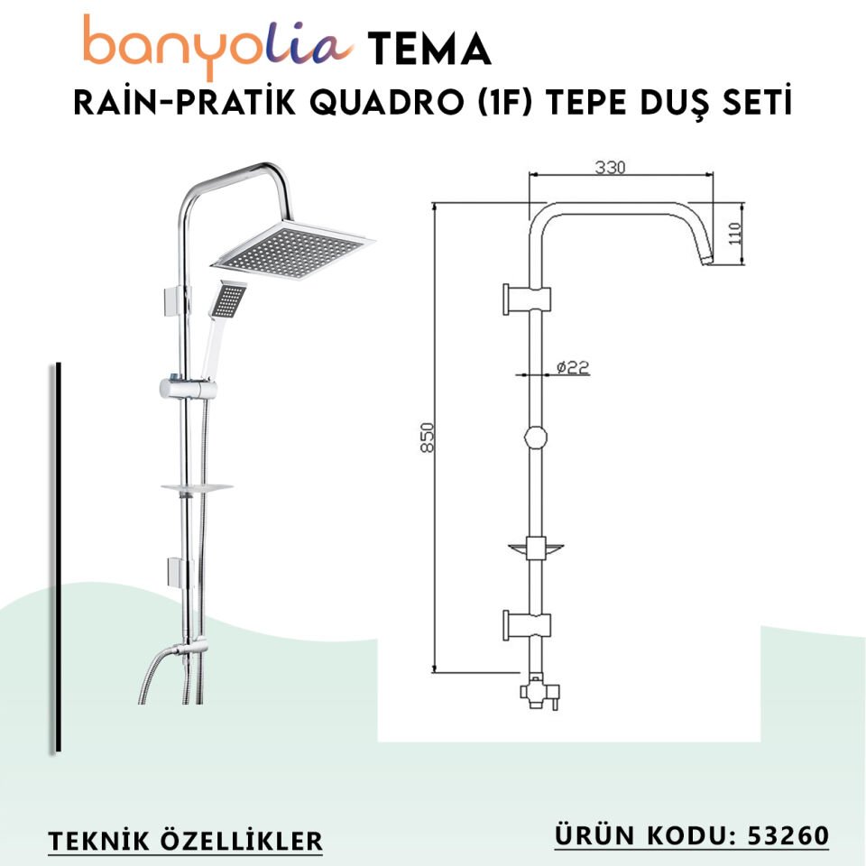 BANYOLİA - TEMA Rain-Pratik Quadro (1f) Tepe Duş Seti (53260)