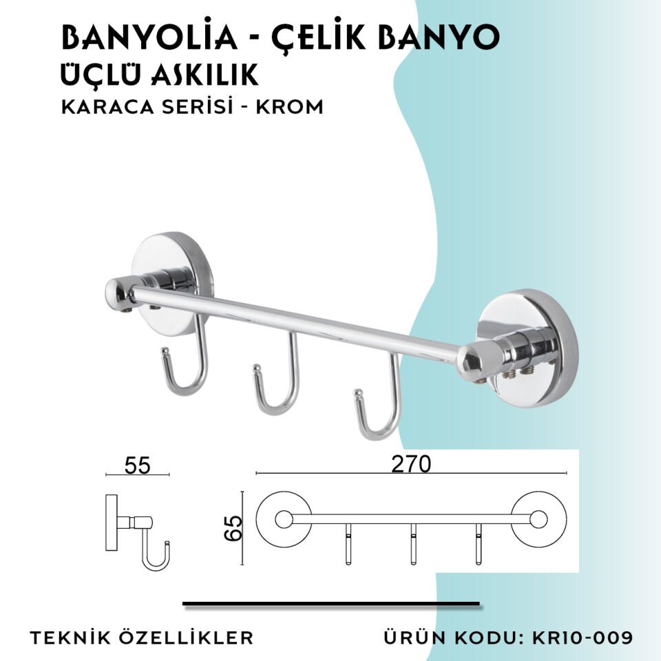 BANYOLİA - Çelik Banyo Karaca Üçlü Askılık (KR10-009)