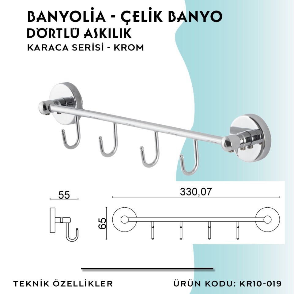 BANYOLİA - Çelik Banyo Karaca Dörtlü Askılık (KR10-019)