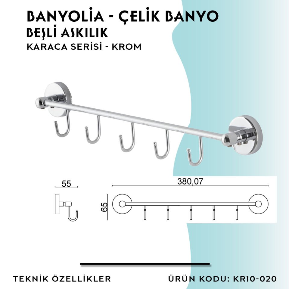 BANYOLİA - Çelik Banyo Karaca Beşli Askılık (KR10-020)