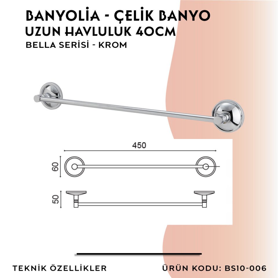 BANYOLİA - Çelik Banyo Bella Uzun Havluluk 40cm (BS10-006)