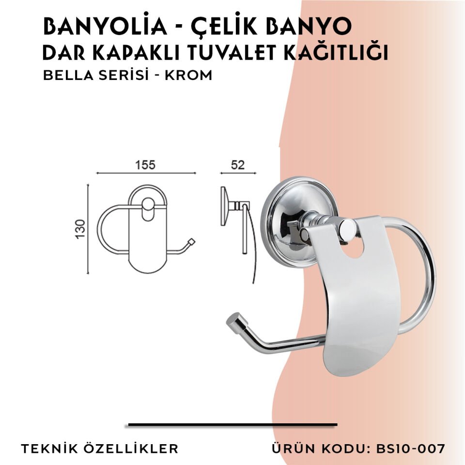 BANYOLİA - Çelik Banyo Bella Dar Kapaklı Tuvalet Kâğıtlığı (BS10-007)
