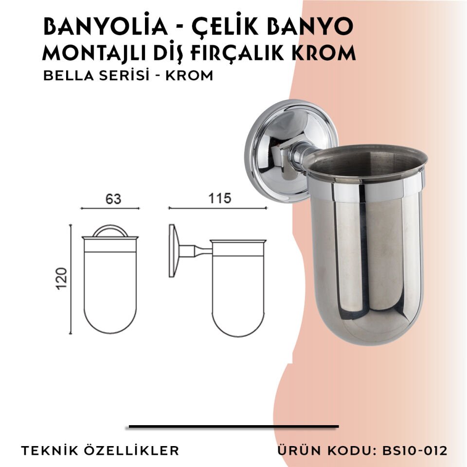 BANYOLİA - Çelik Banyo Bella Montajlı Diş Fırçalık Krom (BS10-012)