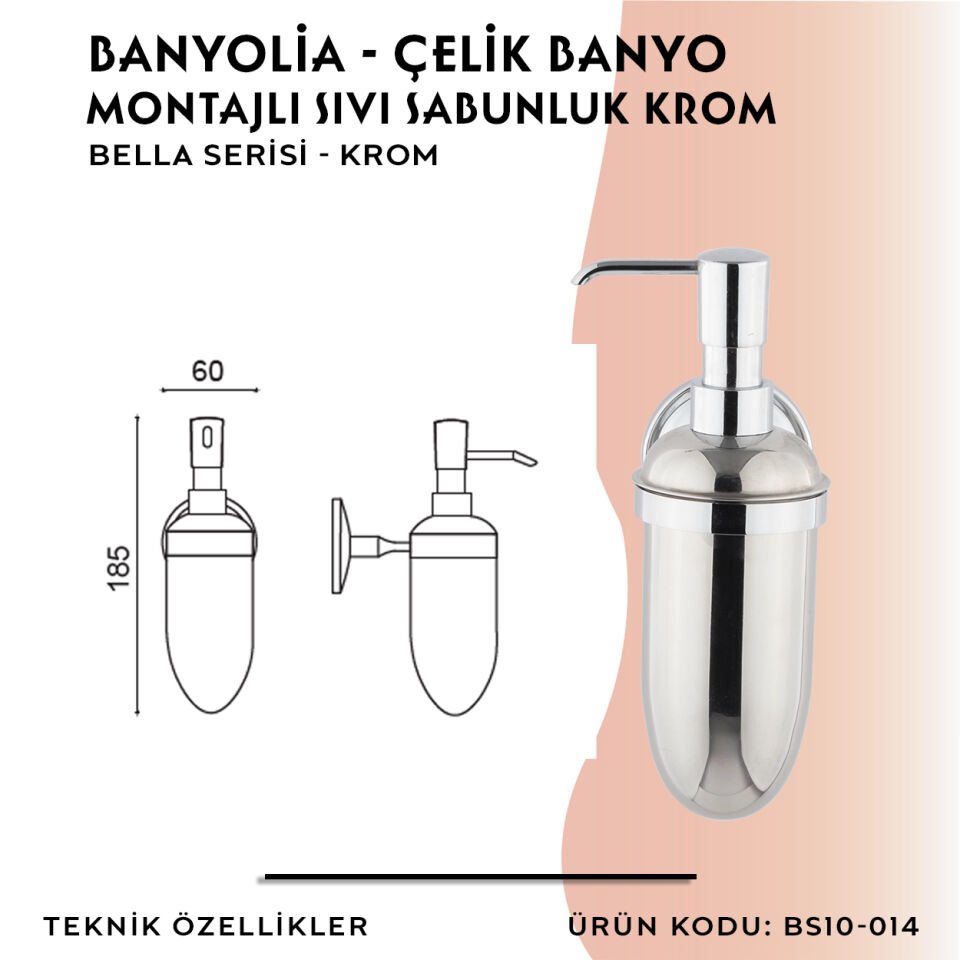 BANYOLİA - Çelik Banyo Bella Montajlı Sıvı Sabunluk Krom (BS10-014)