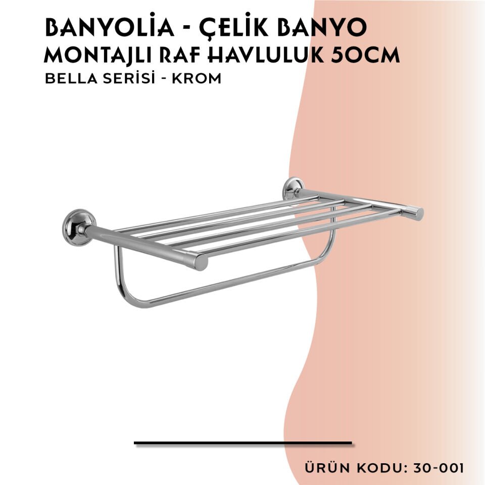 BANYOLİA - Çelik Banyo Bella Montajlı Raf Havluluk 50cm (30-001)