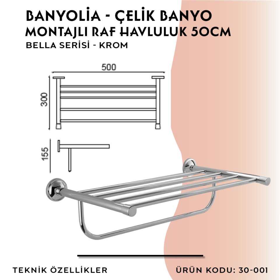BANYOLİA - Çelik Banyo Bella Montajlı Raf Havluluk 50cm (30-001)