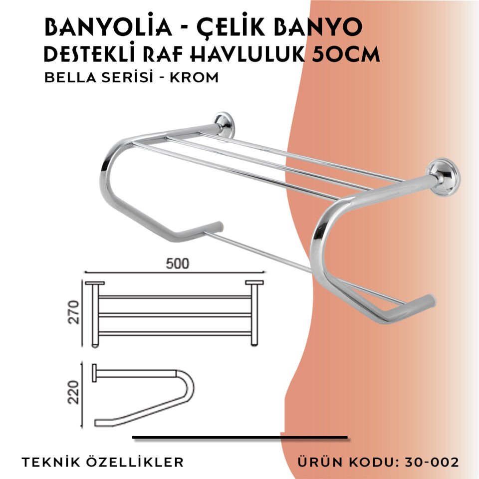 BANYOLİA - Çelik Banyo Bella Destekli Raf Havluluk 50cm (30-002)