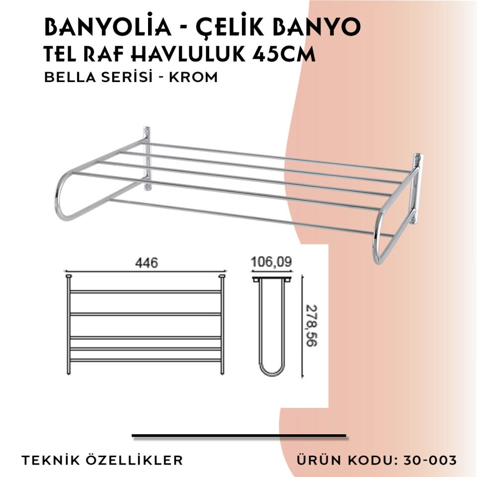 BANYOLİA - Çelik Banyo Bella Tel Raf Havluluk 50cm (30-003)