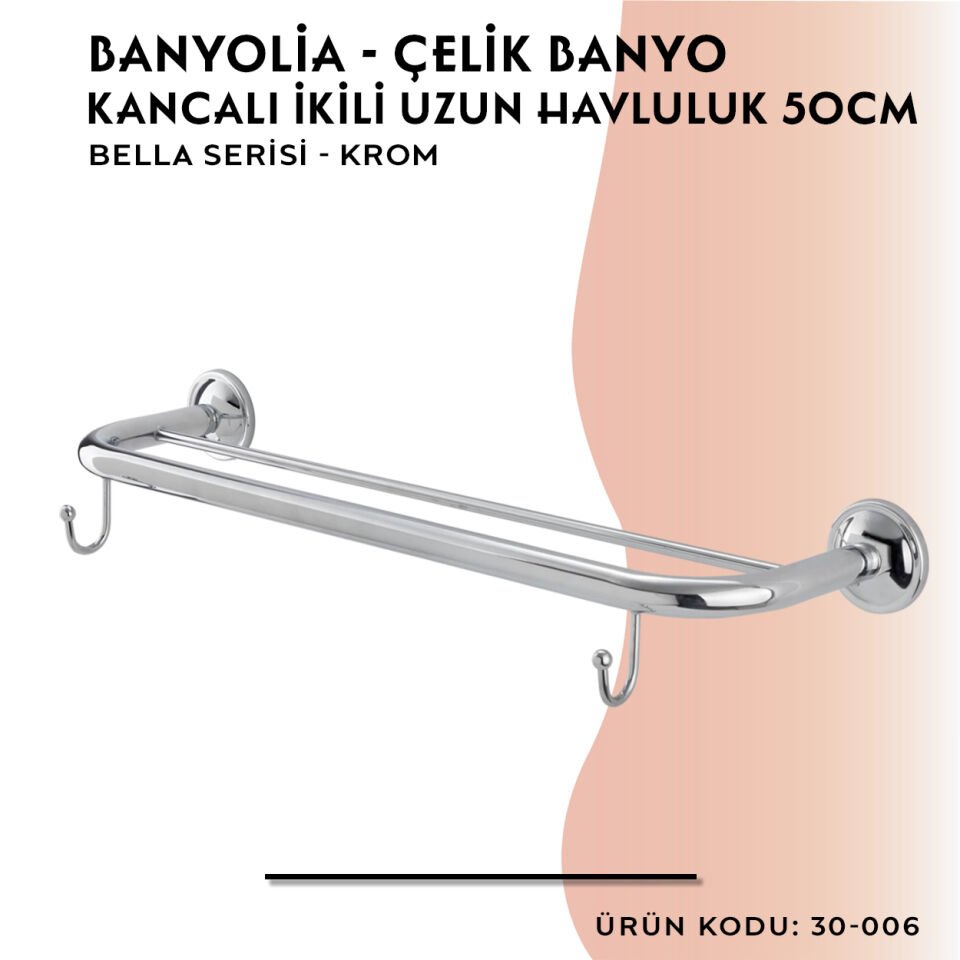 BANYOLİA - Çelik Banyo Bella İkili Uzun Havluluk Kancalı 50cm (30-006)