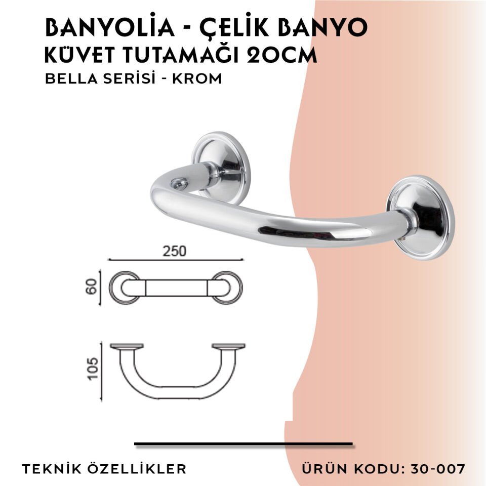 BANYOLİA - Çelik Banyo Bella Küvet Tutamağı 20cm (30-007)