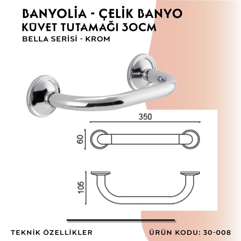 BANYOLİA - Çelik Banyo Bella Küvet Tutamağı 30cm (30-008)