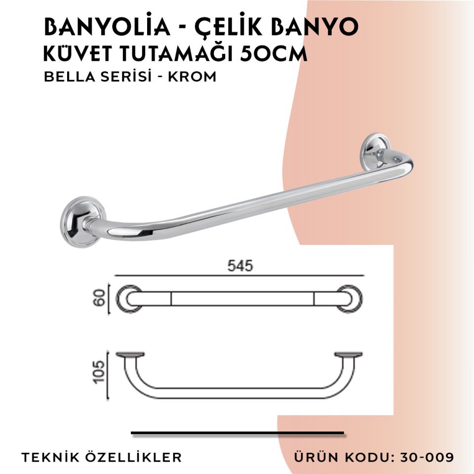 BANYOLİA - Çelik Banyo Bella Küvet Tutamağı 50cm (30-009)