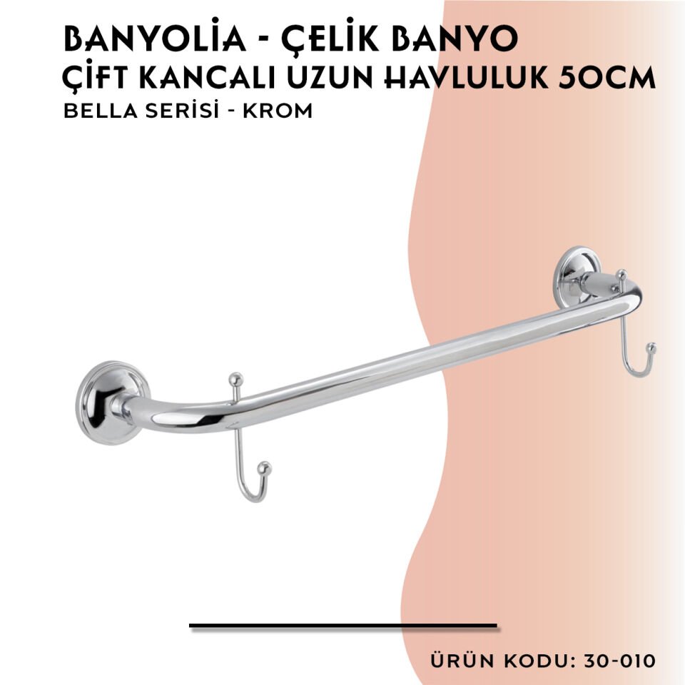BANYOLİA - Çelik Banyo Bella Uzun Havluluk Çift Kancalı 50cm (30-010)