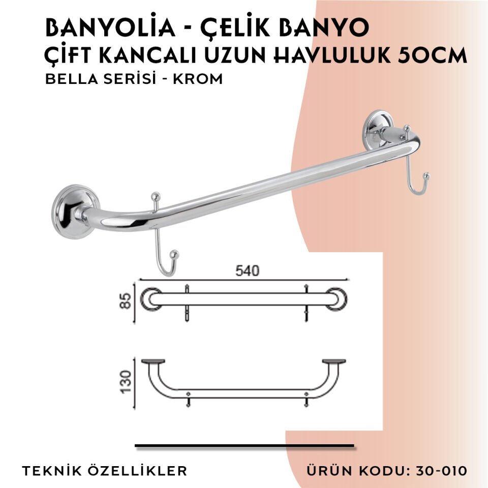BANYOLİA - Çelik Banyo Bella Uzun Havluluk Çift Kancalı 50cm (30-010)